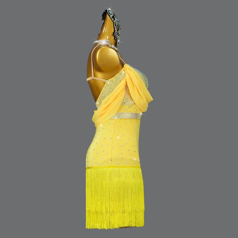 Yellow Rhinestone Latin Dance Dress Crystal Fringe Ballroom Competition Outfit