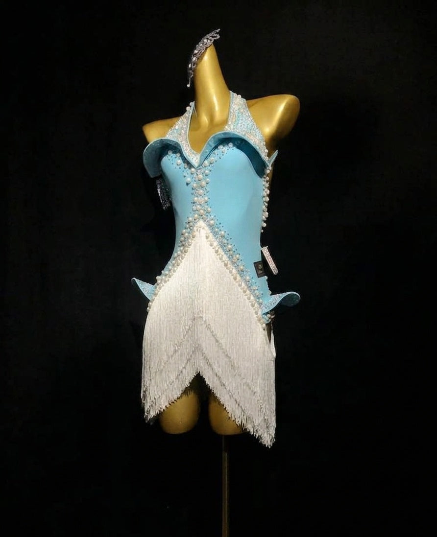 Custom Light Blue & White Fringe Latin Dress Fuchsia Rhythm Costume