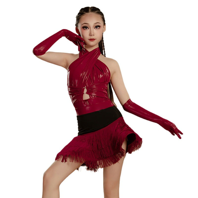 Girls Latin Dance Dresses Pink Wine Fringe Salsa Rumba Performance Costumes for Kids - Moderndancedress.com