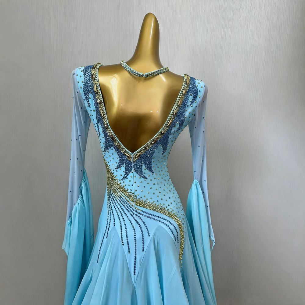 Custom Light Blue Ballroom Dance Dress with Gold Rhinestones