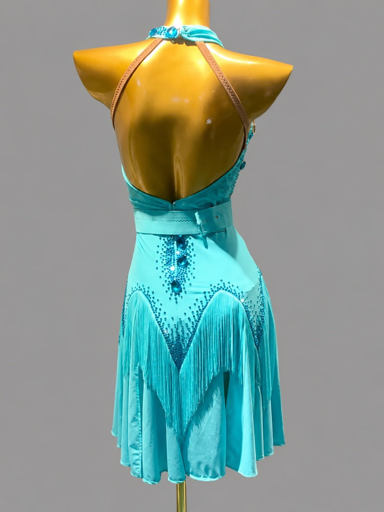 Custom Competition Aqua Blue Latin Dance Dress with Crystals & Fringe