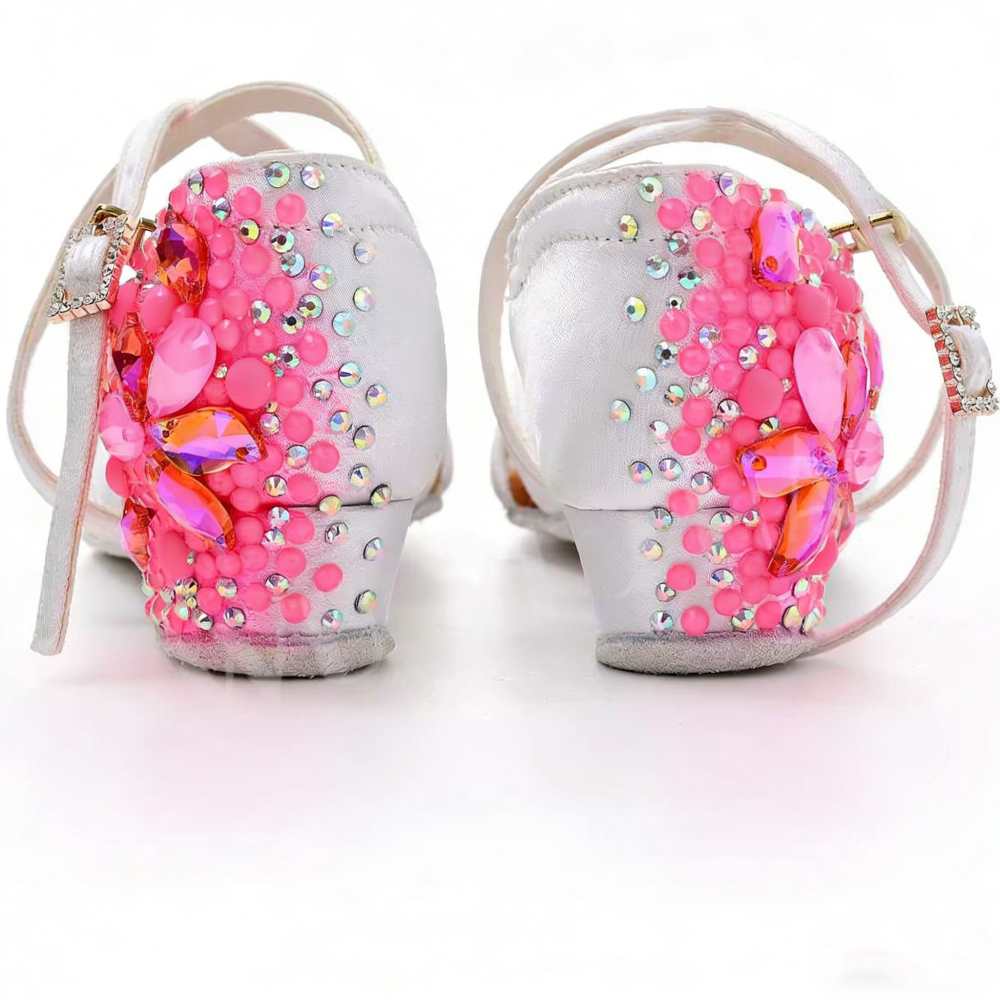 Girls Latin Dance Shoes Pink Crystal Flowers Soft Soles Salsa Ballroom Competition Shoes