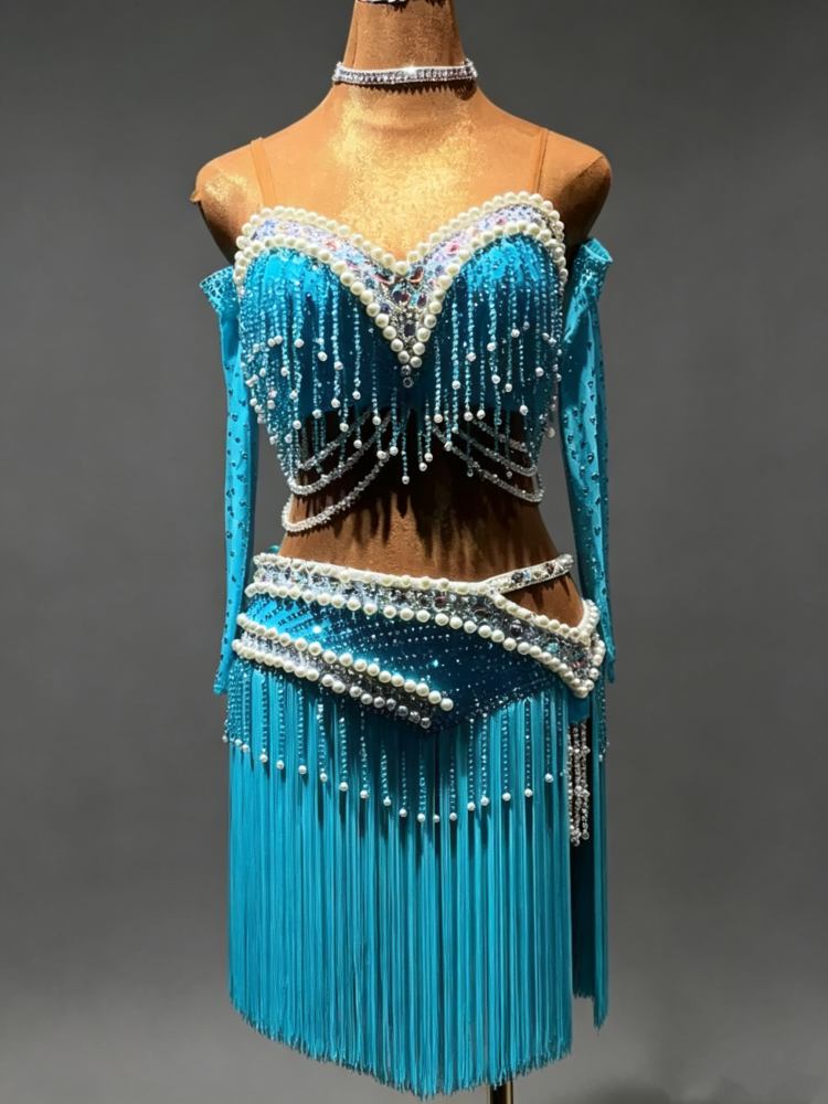 Custom Turquoise Latin Dance Dress with Crystals Competition Ballroom Salsa Blackpool Dance Wear