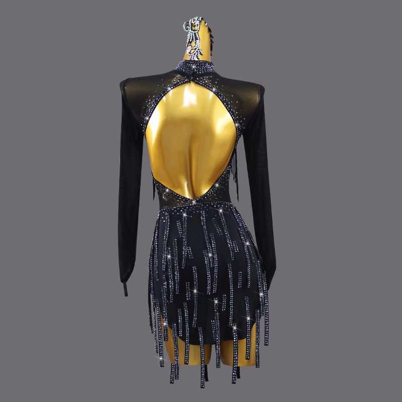 Black Bling Fringe Competition Latin Dance Dresses for Women Girls Professional Salsa Rumba Chacha Contest Costume Solo Dance Skirts - Moderndancedress.com