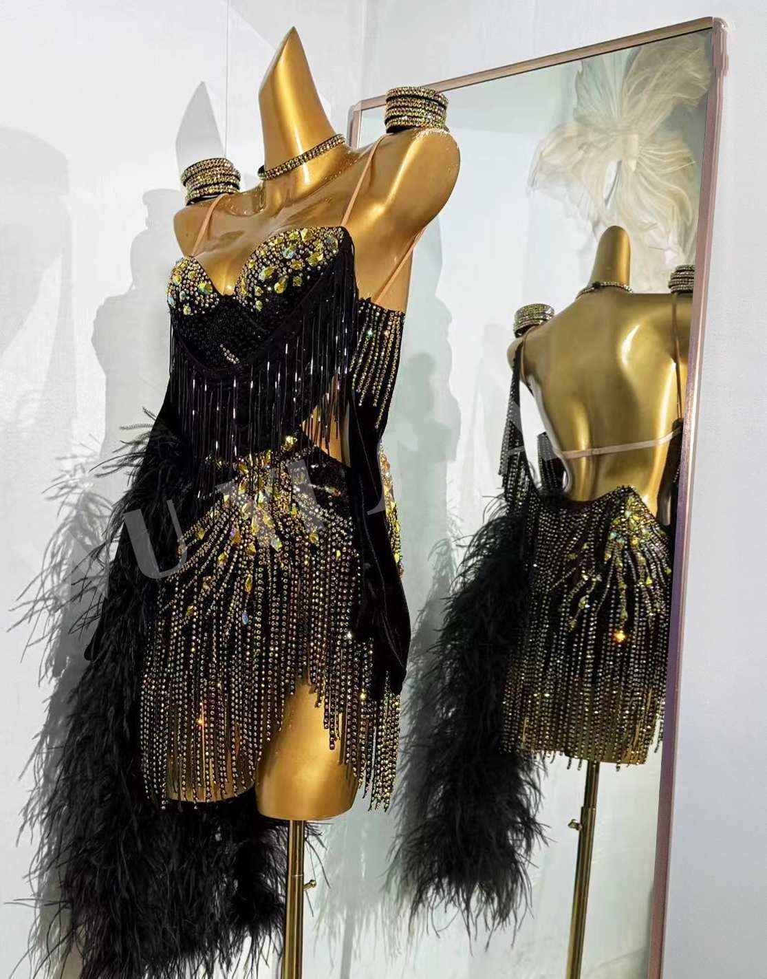 Custom Size Women's Black Latin Dance Dress Gold Stones Fringe Ostrich Hair Competition Costumes