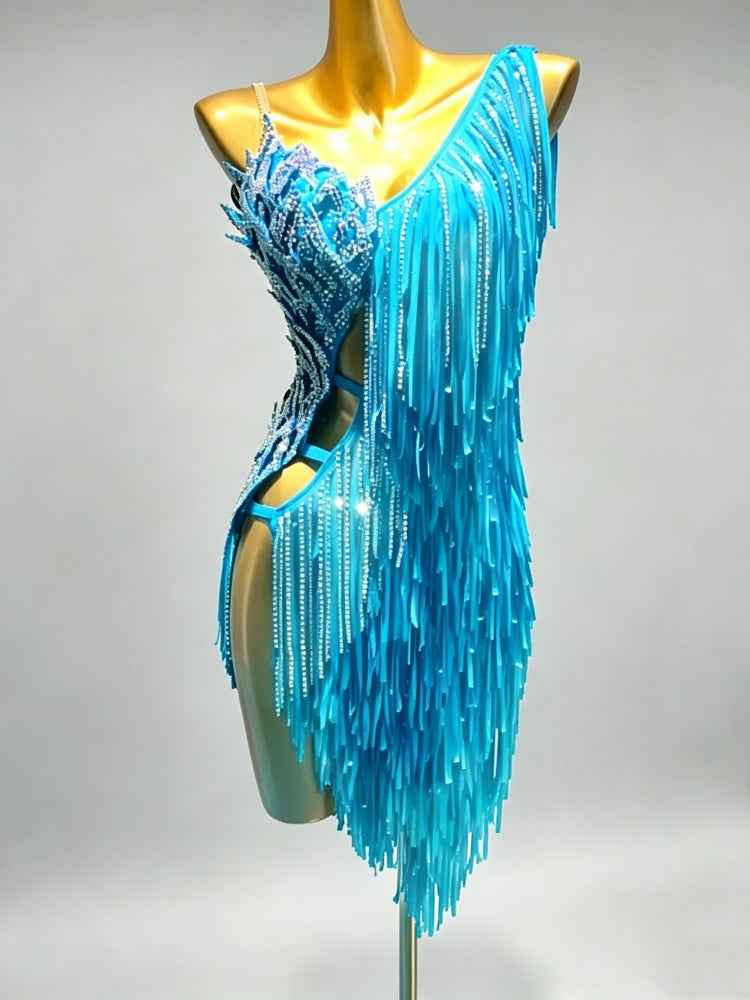 Custom Size Blue Fringe Latin Dance Dress with Crystals