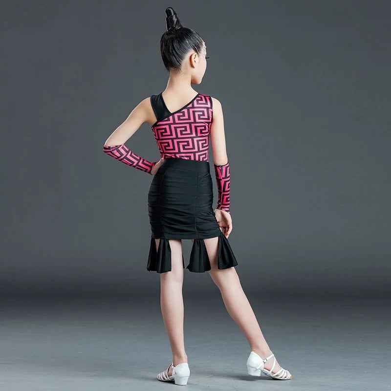 Girls Latin Dance Dress Fuchsia Plaid Fringe Slant Neck Salsa Chacha Dance Costume for Kids