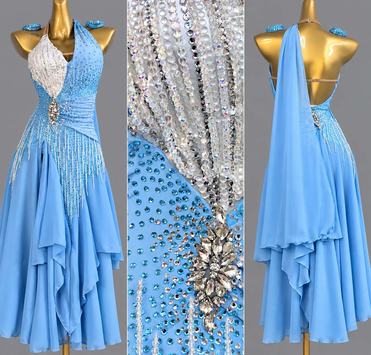 Custom American Smooth Dress Blue Pink Halter Neck Ballroom Dance Gown