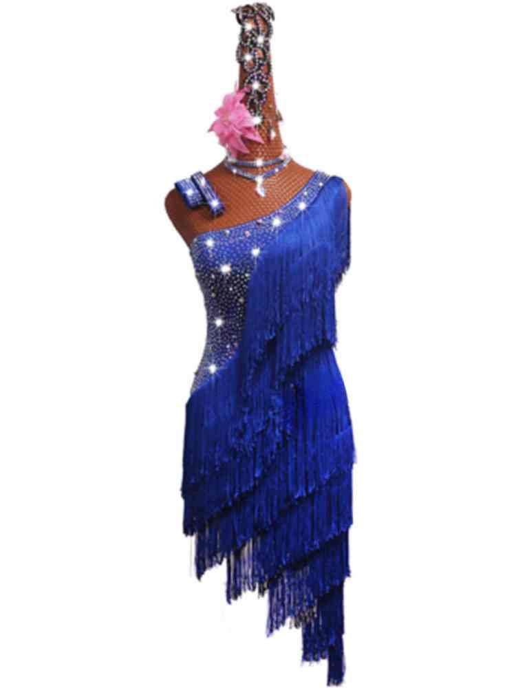 Sapphire blue black fringe Latin dance competition dresses adult girls slanted shoulder salsa rumba chacha modern dance clothes - Moderndancedress.com