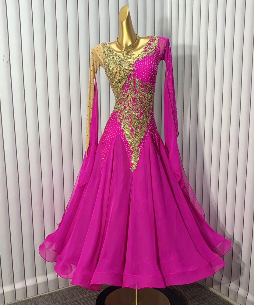 Customized Fuchsia with Gold Competition Ballroom Dance Dress Waltz Tango Foxtort Rhythm Dance Gown