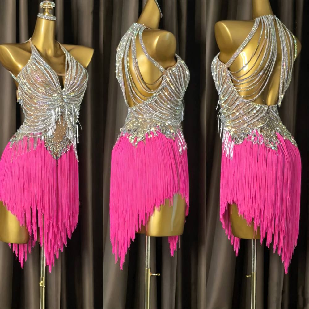 Custom Size Professional Hot Pink Tassel Latin Rhythm Dress with Silver Crystals