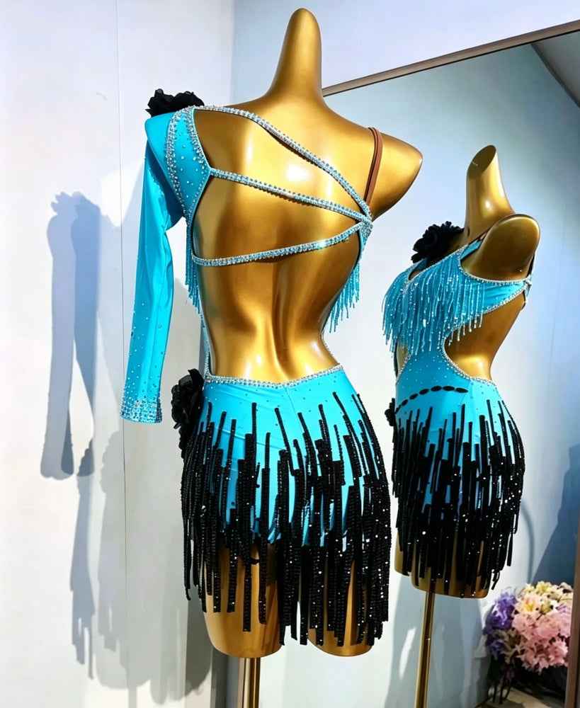 Custom Size Competition Rhinestone Latin Dance Dress Turquoise Fuchsia Bling Fringe