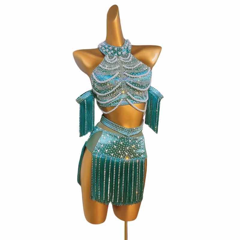 Custom Size Green Pink Latin Dance Competition Dresses for Women Girls Kids Salsa Chacha Dance Pearl Gold Fringed Skirts Party Performance Outfits - Moderndancedress.com
