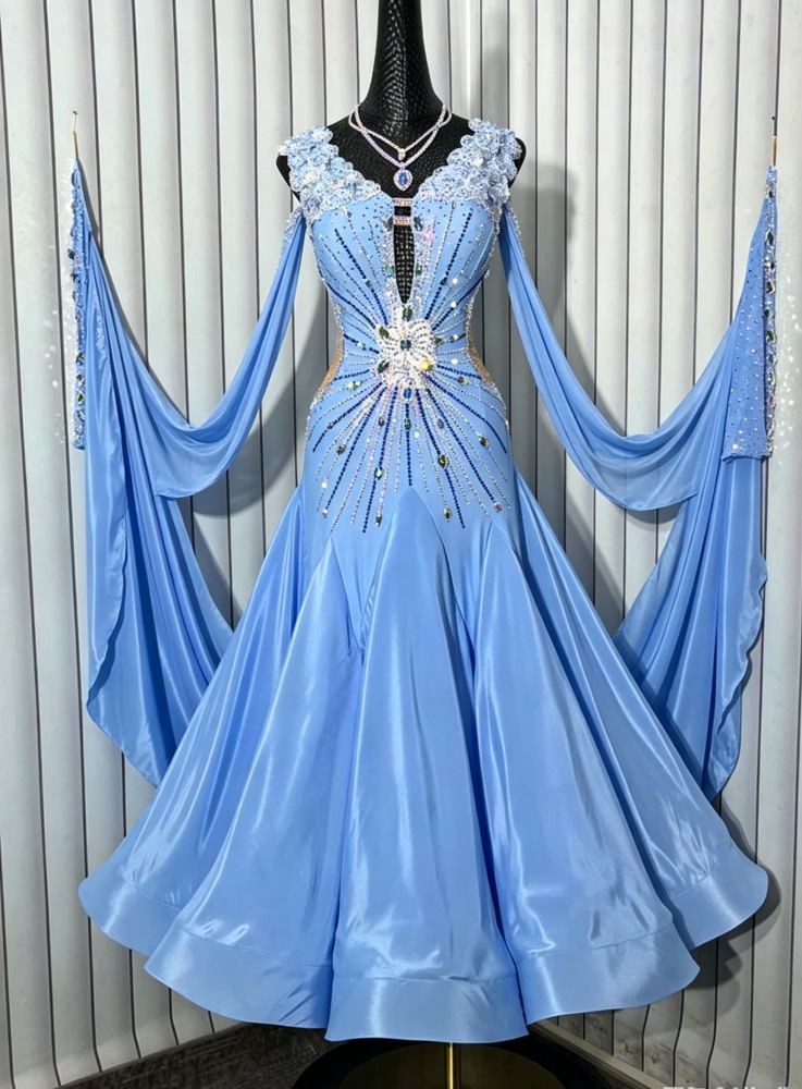 Custom Blue Competition Ballroom Dance Dress with Crystal Petals