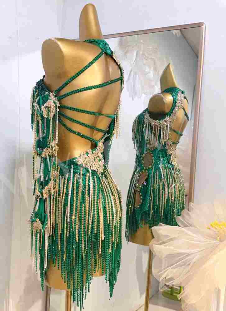 Custom Size Women's Green Gold Latin Dance Dress Salsa Rumba Bling Fringe Slant Neck