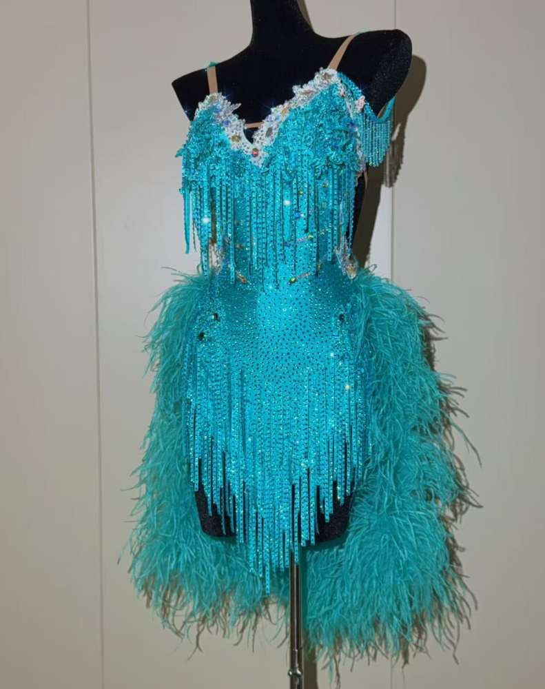 Custom Turquoise Competition Latin Dance Dress with Crystals & Feathers Samba Salsa Costume