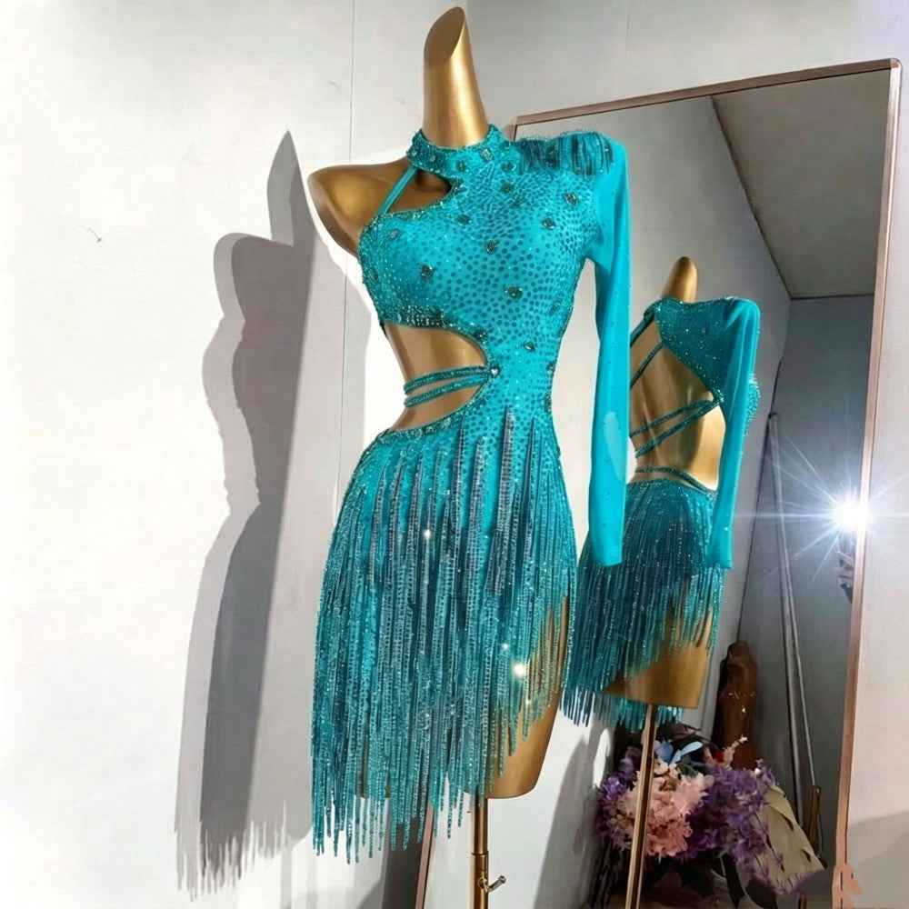 Custom Size Blue One Shoulder Latin Dance Dress with Sparkling Rhinestones