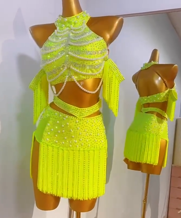 Custom Size Neon Yellow Fringe Competition Latin Dance Dresses for Women Girls Kids Salsa Rumab Chacha Party Dance Costumes - Moderndancedress.com