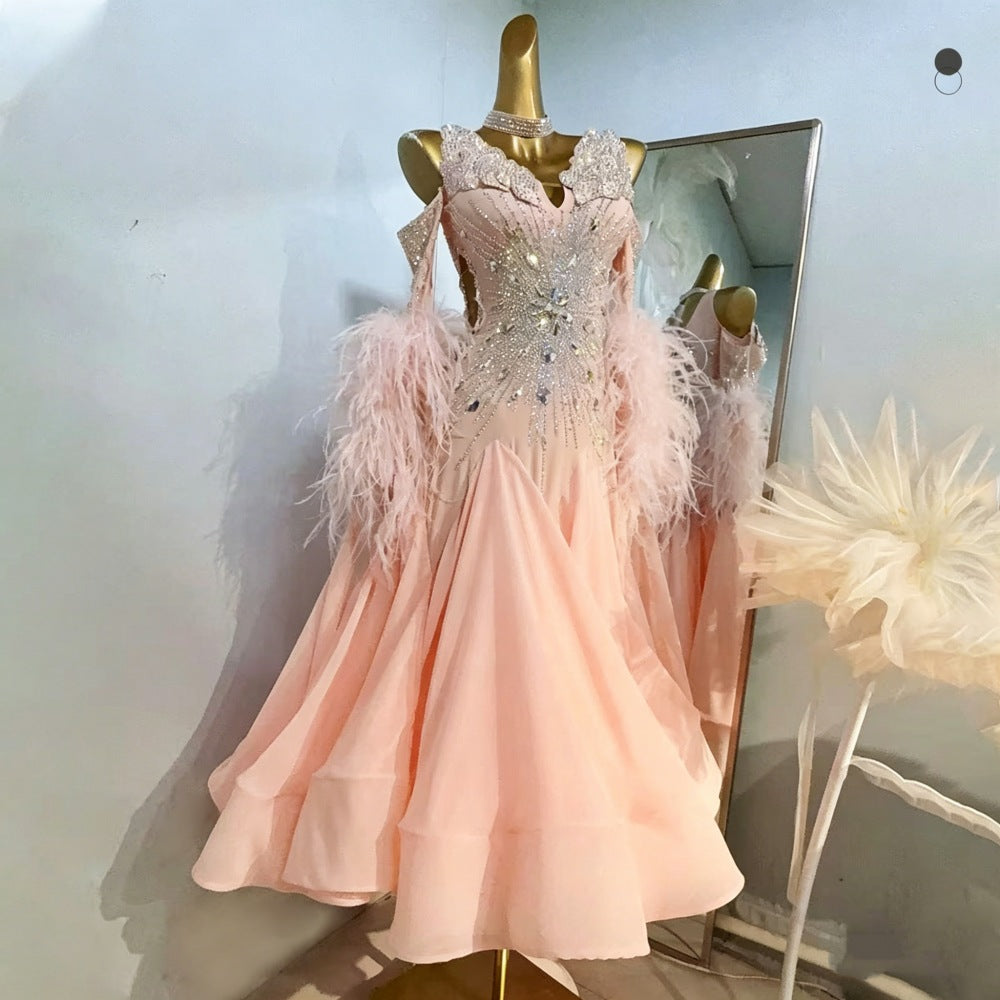 Custom Size Orange Feather Ballroom Dance Dress - Professional Waltz Competition Gown