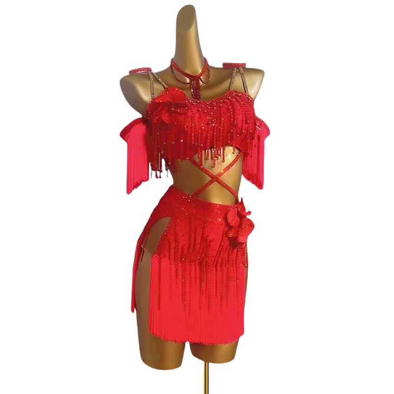 Custom Size Red Fringe Competition Latin Dance Dresses Salsa Rumba Chacha Women Girls Performance Clothing Party Sparkling Dance Outfits - Moderndancedress.com