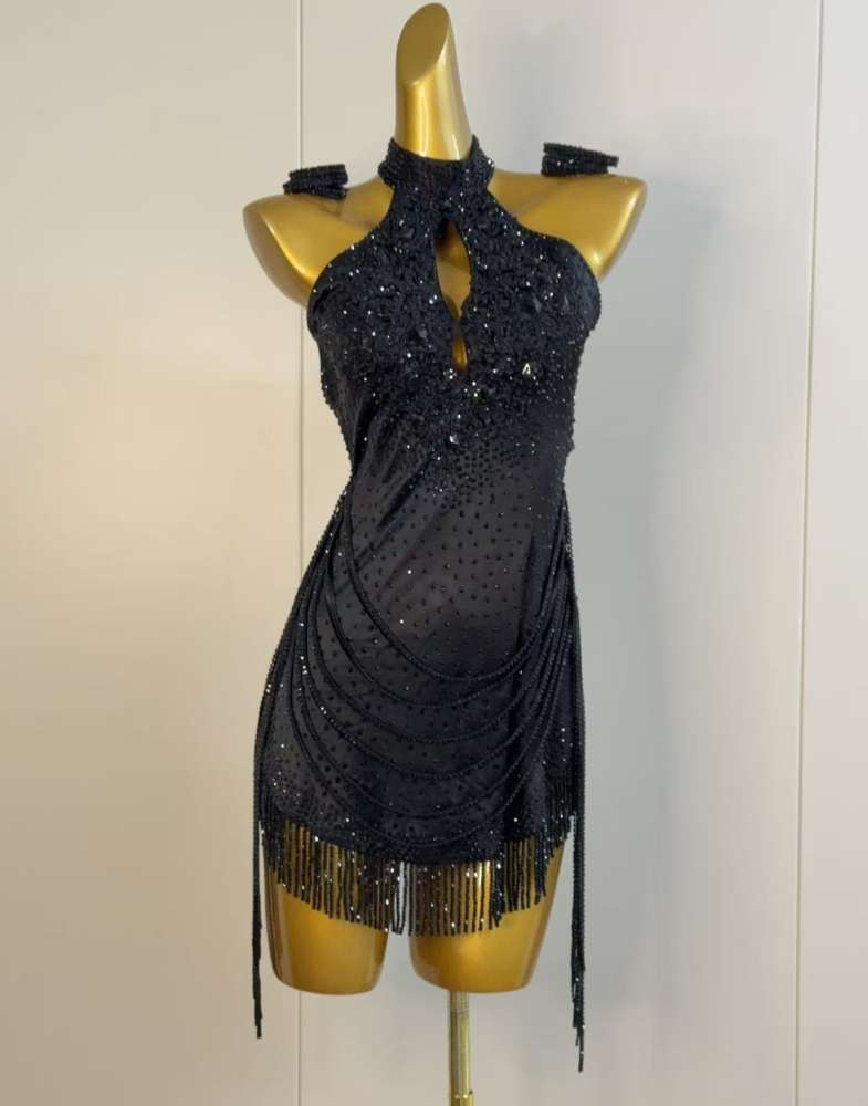Custom Black Latin Dance Dress with Beaded Fringe - Halter Salsa Wear