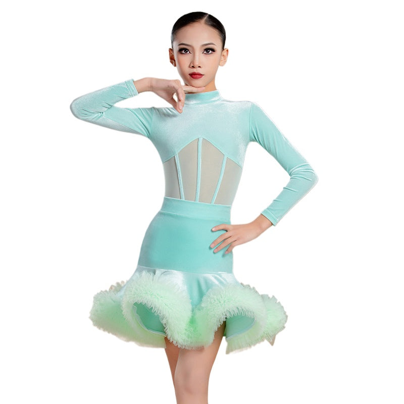 Professional Pink Turquoise Mint Competition Latin Ballroom Dance Dresses for Girls Kids Velvet Ruffles Salsa Rumba Cha Cha Jive Dance Outfits - Moderndancedress.com
