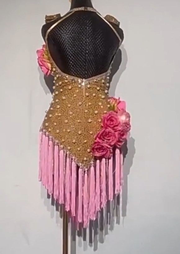 Custom Size Pink Flowers Latin Dance Dresses for Women Girls Salsa Rumba Chacha Blackpool Dance Clothes - Moderndancedress.com