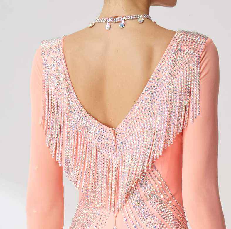 Custom Size Orange Pink Competition Ballroom Dance Dresses for Women Girls Crystal Waltz Tango Rhythm Performance Long Skirts
