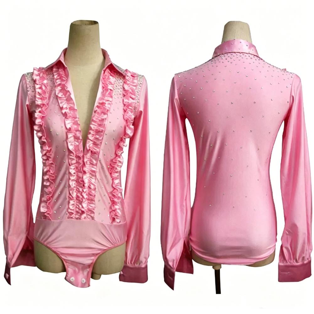 Custom Pink Blue Ruffle Edges Latin Dance Shirt for Men Youth Competition Waltz Tango Flamenco Dancing Tops