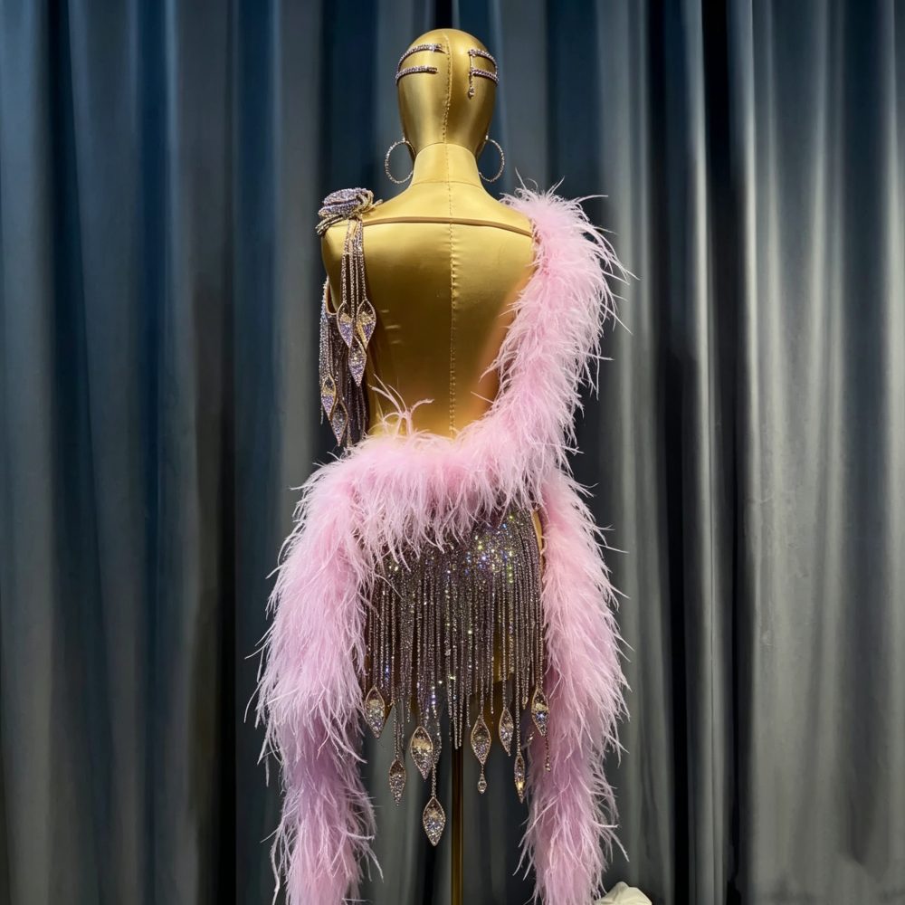 Custom Pink Feather Latin Dance Dress | Sparkly Crystal Fringe Rhythm Costume