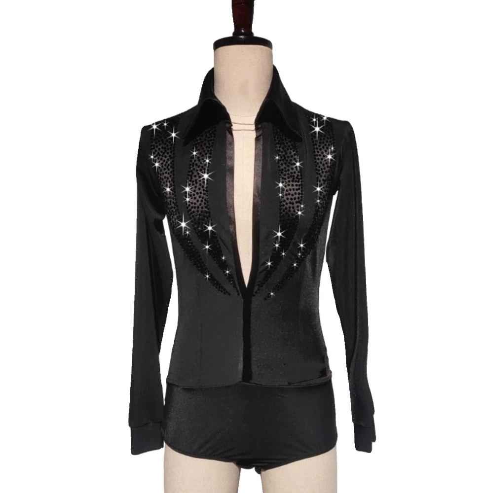Custom Size Competition Black Fuchsia Latin Ballroom Danec Shirt Long-sleeved Elastic Mesh Back