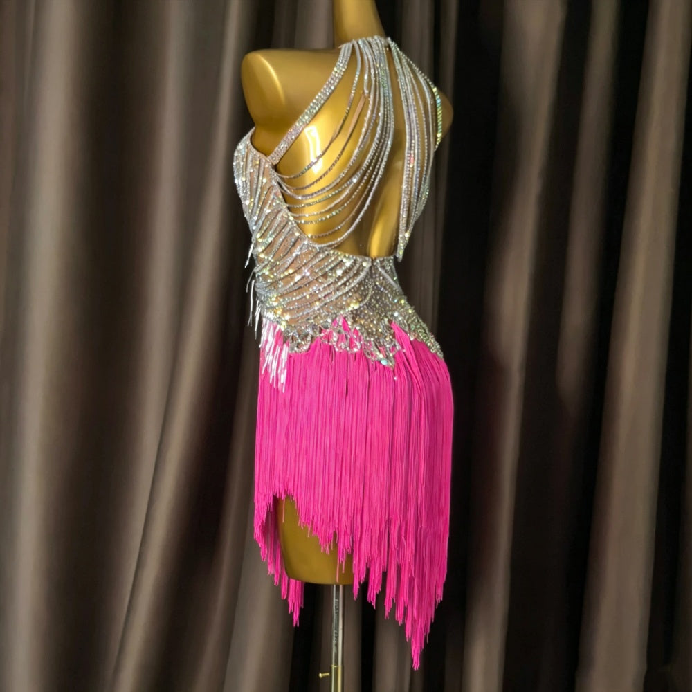 Custom Size Professional Hot Pink Tassel Latin Rhythm Dress with Silver Crystals