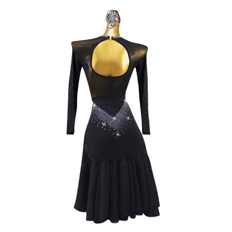 Black Sparkling Latin Dance Performance Competition Dresses for Women Girls Ruffles Skirts Salsa Rumba Chacha Long Sleeve Party Dancing Costumes