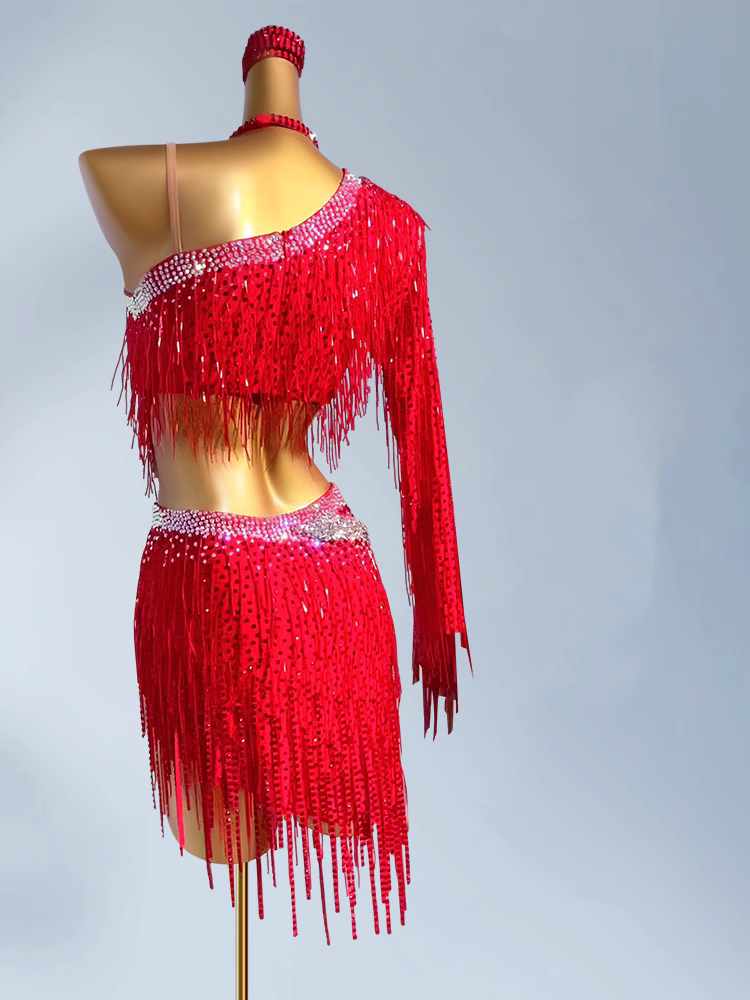 Custom Size Latin Dance Dresses for Women Girls Red Pink Bling Fringe Salsa Rumba Chacha Blackpool Dance Wear - Moderndancedress.com