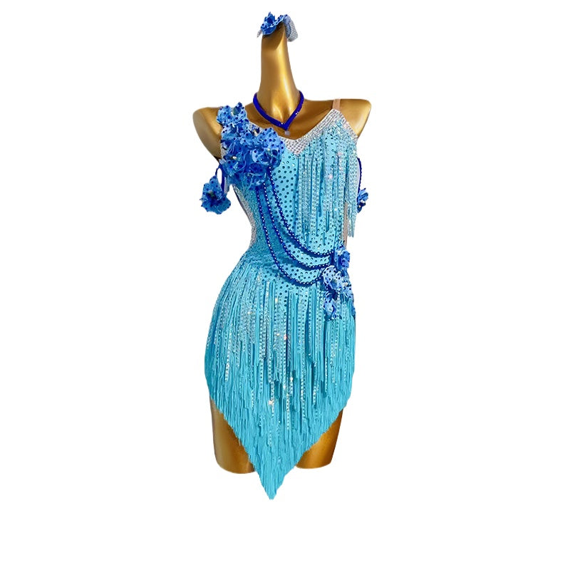 Custom Size Turquoise Fringed Competition Latin Dance Dresses for Women Girls Blackpool Salsa Rumba Chacha Solo Dance Performance Costumes - Moderndancedress.com