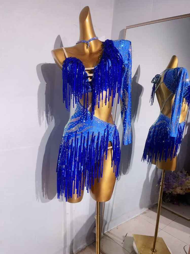 Custom Size Blue Competition Latin Dance Dresses Green Salsa Rumba Chacha Latin Dance Costumes