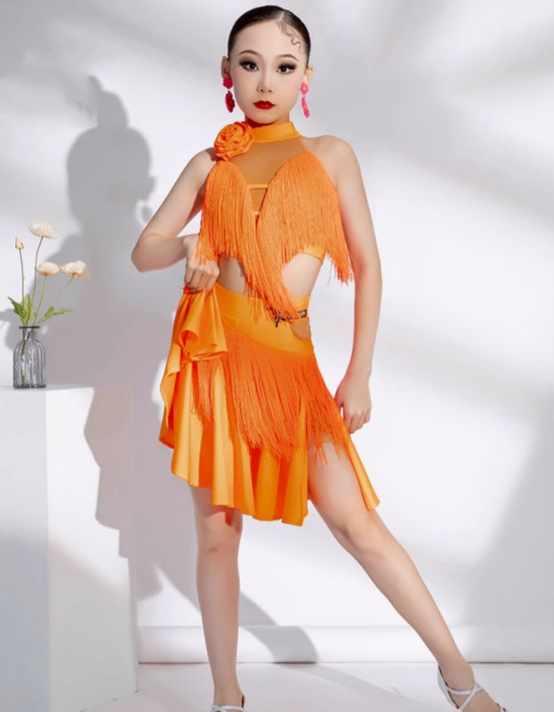 Green Purple Orange Tassels Latin Dance Performance Dresses for Girls Kids Studio Salsa Latin Chacha Ballroom Performance Outfits for Children - Moderndancedress.com