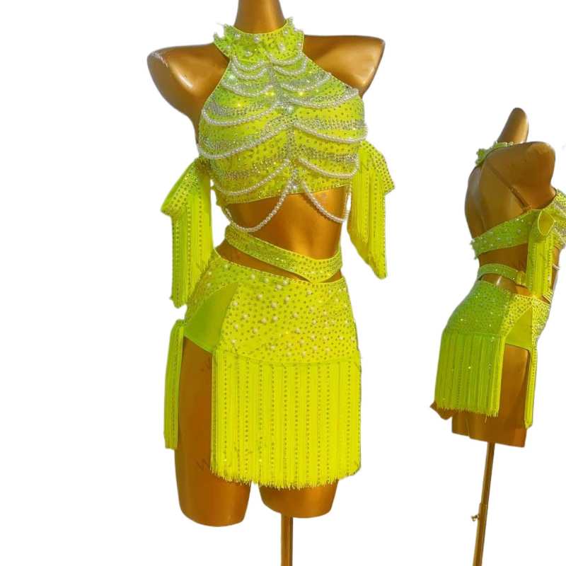 Custom Size Neon Yellow Fringe Competition Latin Dance Dresses for Women Girls Kids Salsa Rumab Chacha Party Dance Costumes - Moderndancedress.com