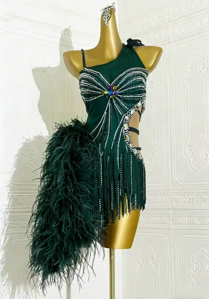 Custom Size Emerald Green Feather Latin Dance Dress, Rhinestone Samba Rumba Professional Rhythm Wear