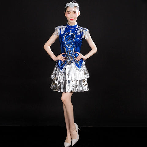 Jazz Dance Costumes Modern Dance Costume Jazz Dance Costume Blue Sequin Square Adult Female Opening Dance Short Skirt Suit