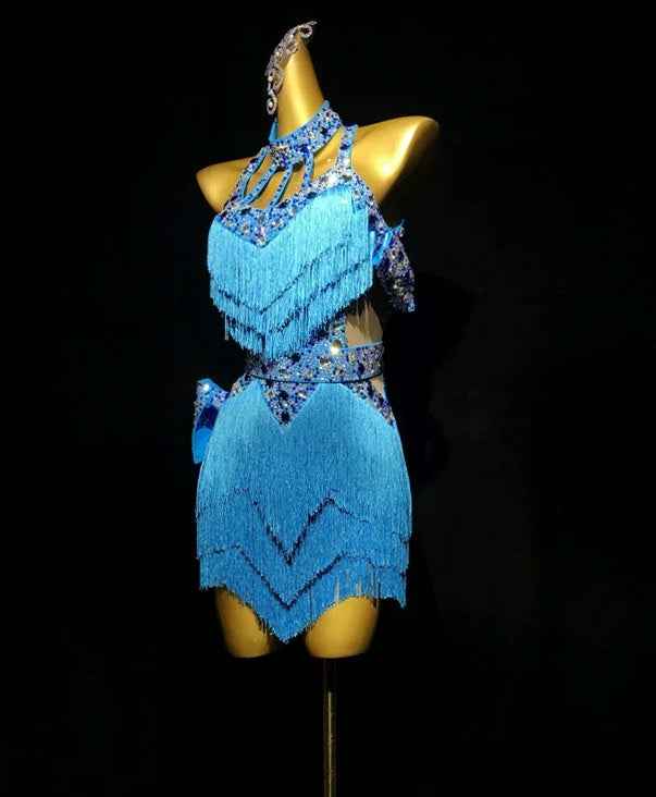 Custom Sparkly Rhinestone Latin Dance Dress | Blue Tassel Rhythm Salsa Ballroom Dancing Skirt