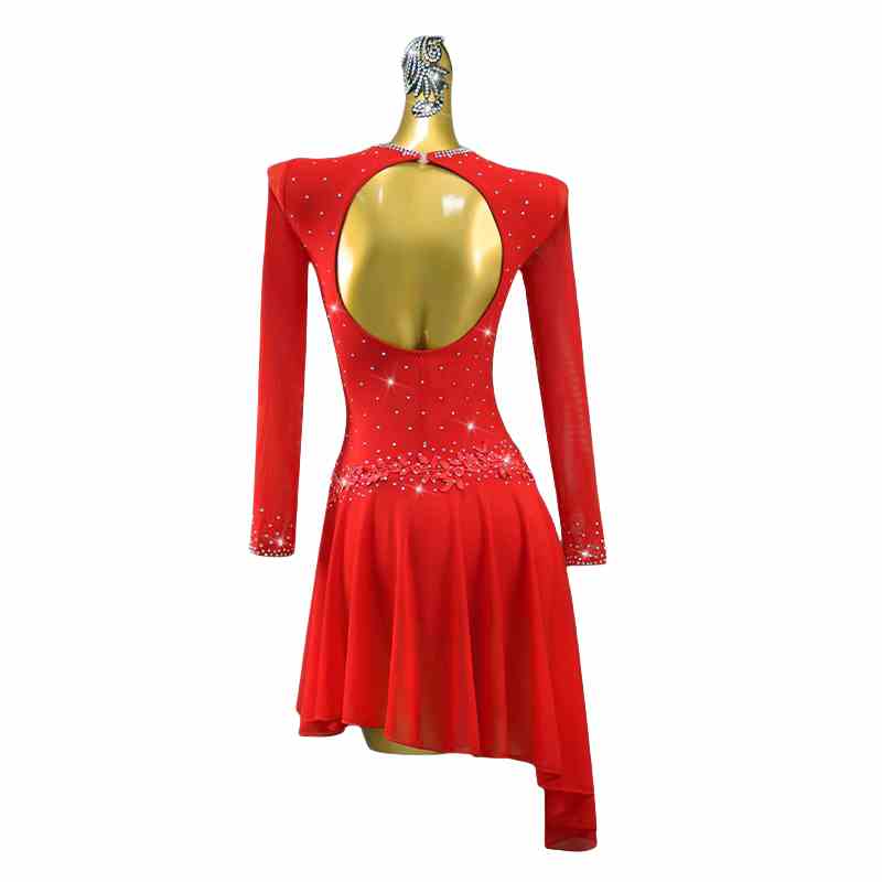 Red Professional Latin Dance Dresses for Women Girls Salsa Rumba Chacha Dance Costume Three Steps Samba inclined skirts - Moderndancedress.com