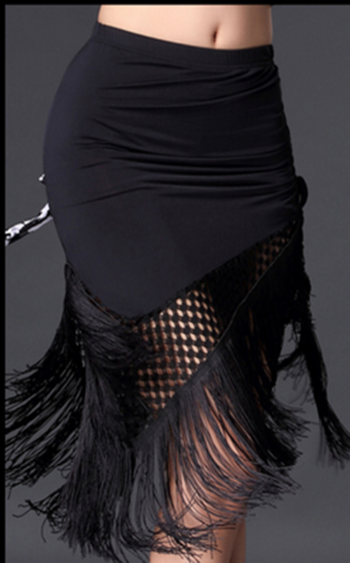 Black Latin half-length Skirt Dance Costume female adults tassels exercise skirt performance national standard - Moderndancedress.com