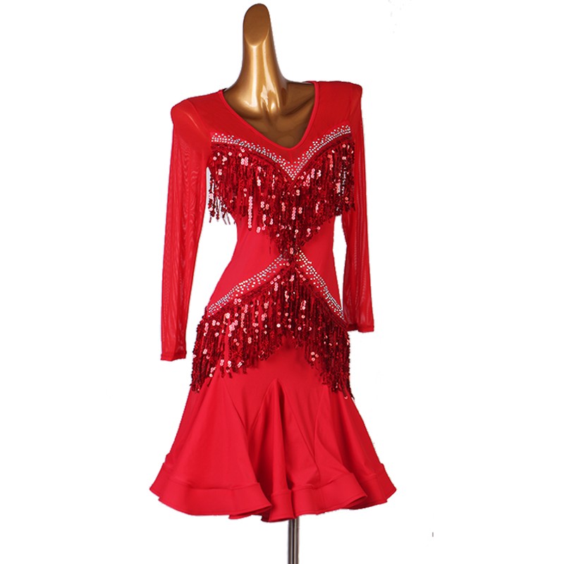 Black red tassel diamond Latin dance dress for women stage performance competition latin suit professional rumba chacha jitba dance skirt - Moderndancedress.com