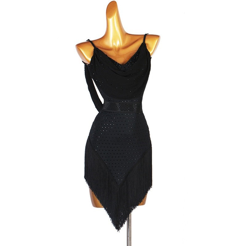 Black rhinestones tassels competition latin dance dress for women girls rumba chacha salsa dance dress modern ballroom dance dress - Moderndancedress.com