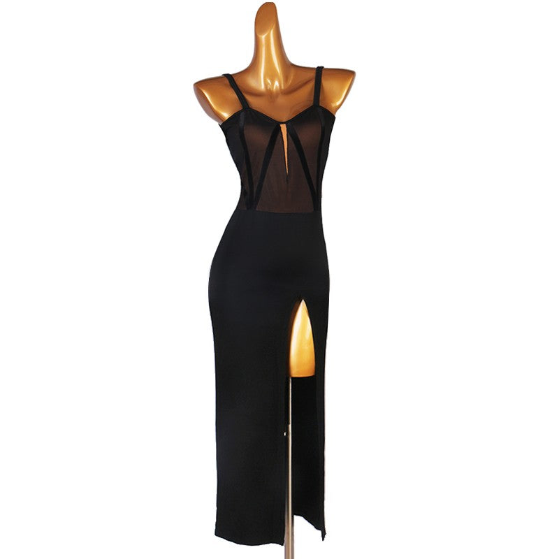 Black Sexy split long length Latin dance dress for women girls stage Performance latin dance competition clothing rumba chacha dance dresses - Moderndancedress.com