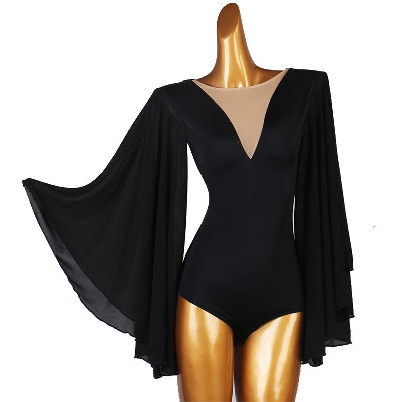 Black with flesh ballroom latin dance bodysuits for women Modern dance jumpsuit Professional Latin Dance Tops waltz tango foxtrot dance body tops - Moderndancedress.com