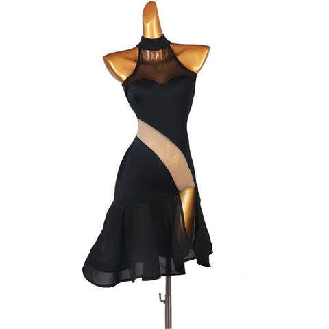 Black with flesh color sexy Latin dance dress for women side split latin performance outfits Lombard Chacha Samba dance skirt - Moderndancedress.com