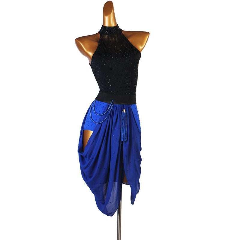 Black with royal blue diamond tassels competition latin dance dress for women salsa rumba chacha modern dance costumes for female - Moderndancedress.com