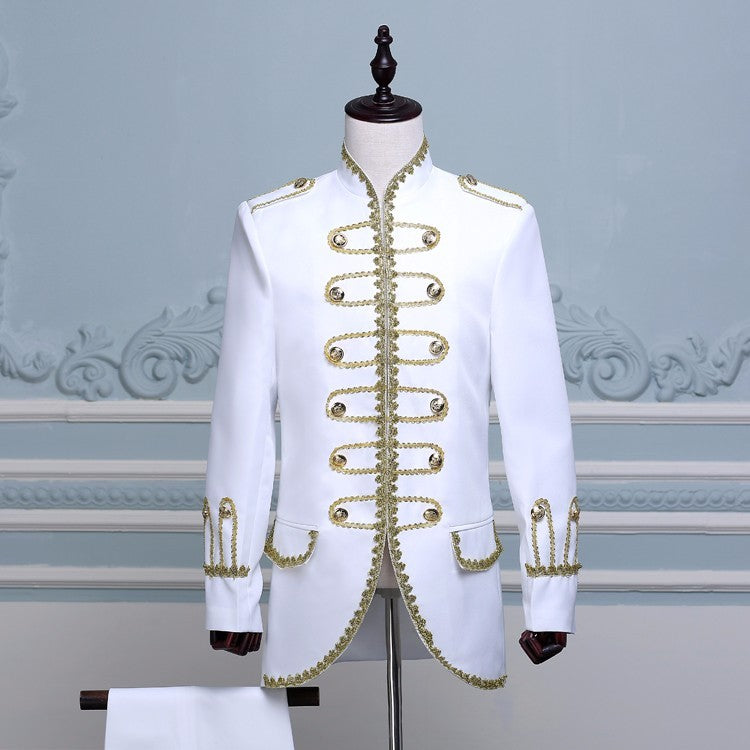 blue black white suit male dancer singer dress performance show nightclub Blazer Outdoors Slim wear groom prom(jacket+pants) - Moderndancedress.com